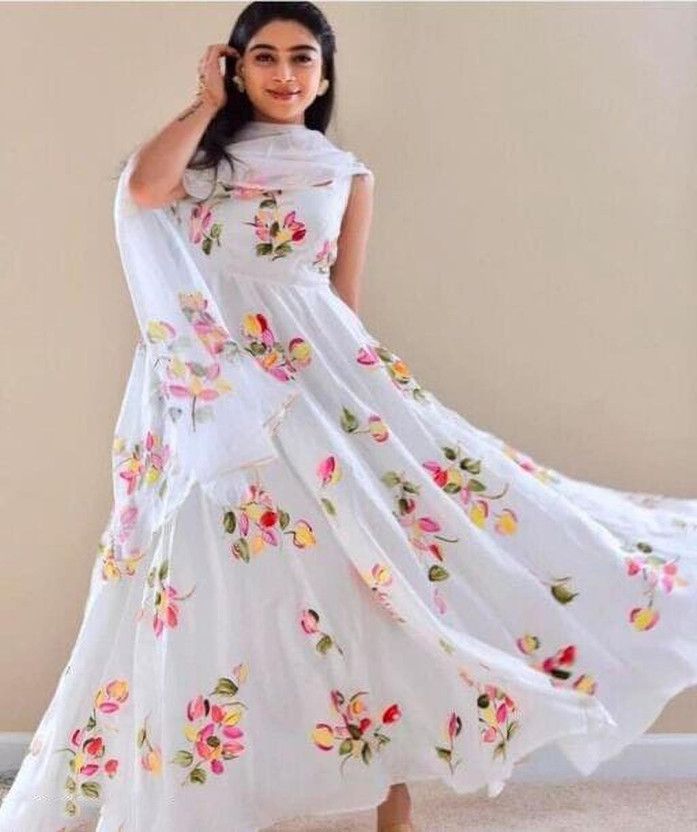 Women Floral Print Georgette Gown Kurta With Attached Dupatta  (White)