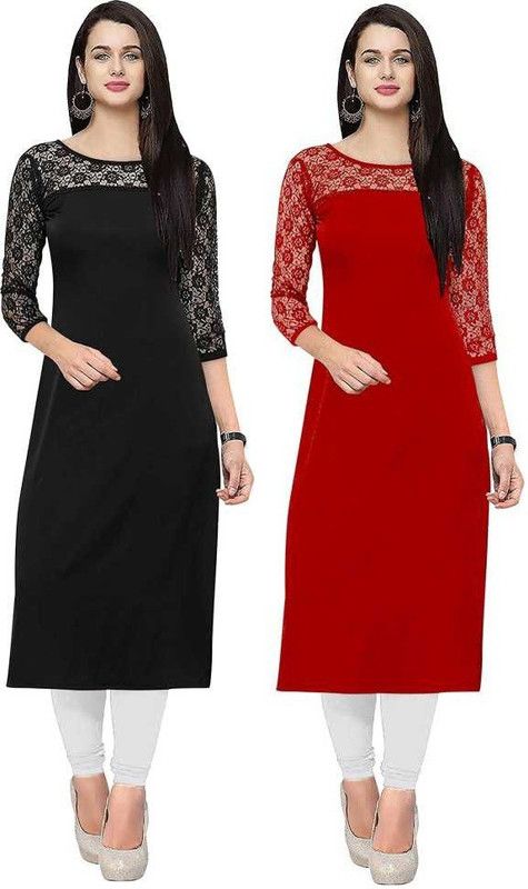 Pack of 2 Women Self Design Crepe Straight Kurta  (Red, Black)