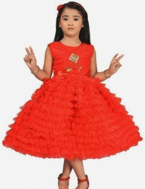 Baby Girls Calf Length Party Dress  (Red, Sleeveless)