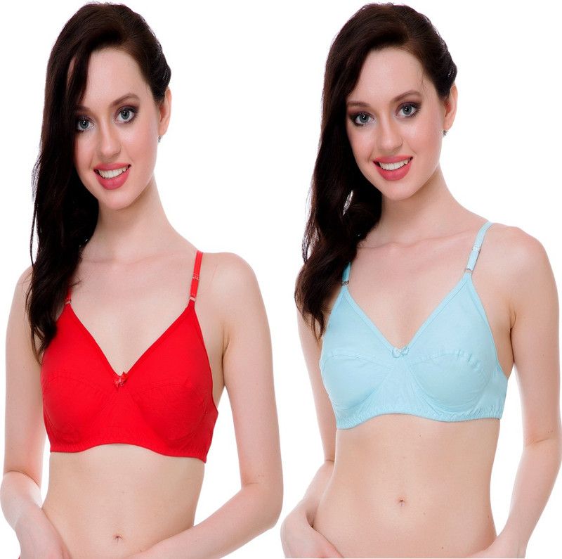 Pack of 2 Women Full Coverage Non Padded Bra  (Light Blue, Red)