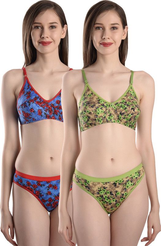 Bra & Panty Set Floral Print Red, Green Lingerie Set