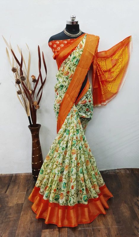 Floral Print Daily Wear Cotton Blend Saree  (Green)