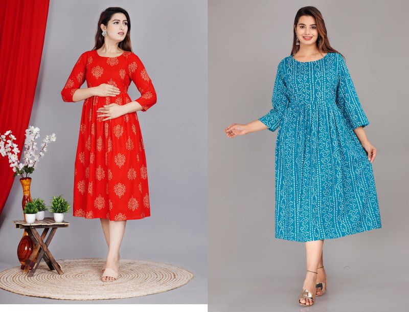 Pack of 2 Women Printed Viscose Rayon Anarkali Kurta  (Light Blue, Red)