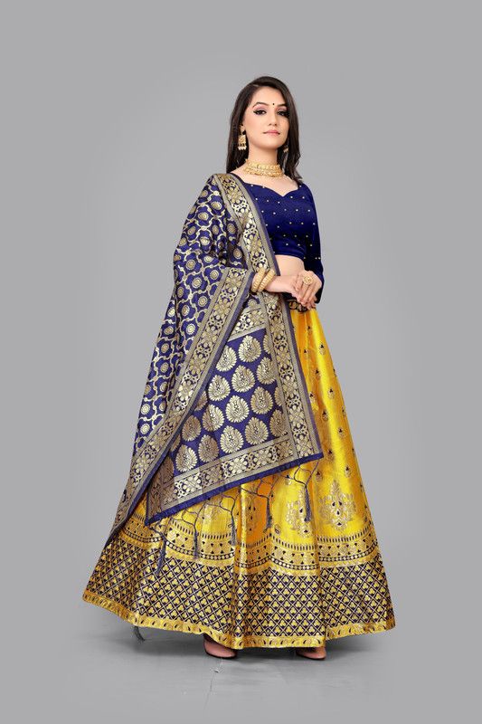 Printed Stitched Lehenga Choli  (Yellow, Dark Blue)