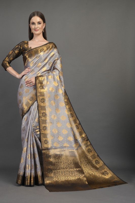 Woven Banarasi Cotton Blend Saree  (Grey, Gold)
