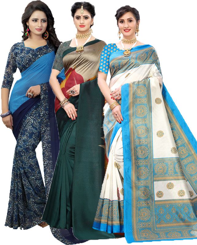 Printed Bollywood Georgette Saree  (Pack of 3, Blue, Dark Green, Light Blue)