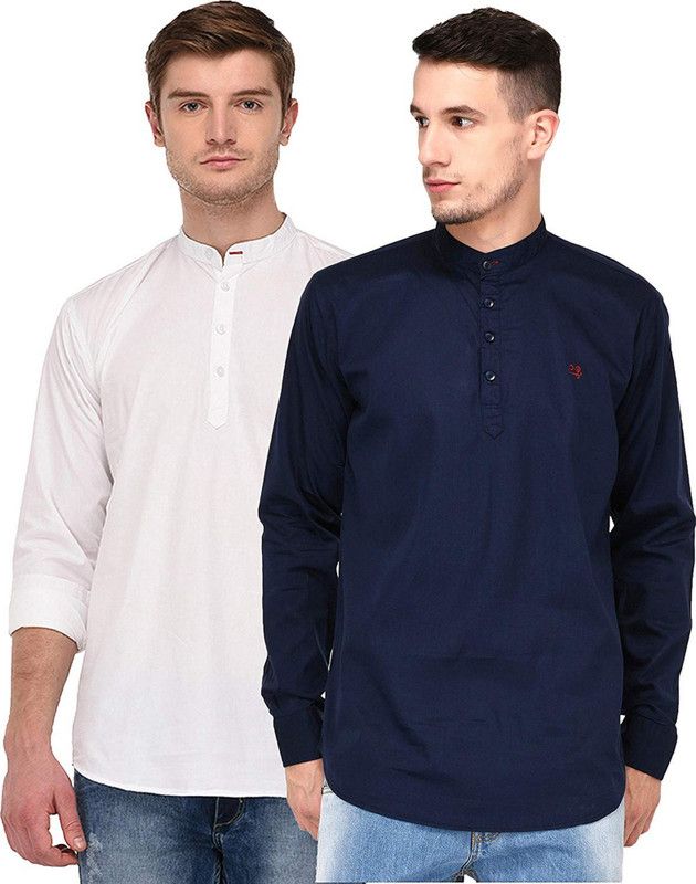 Pack of 2 Men Solid Cotton Blend Straight Kurta  (White, Blue)