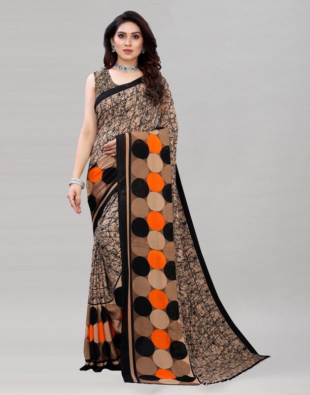 Printed, Geometric Print, Floral Print, Checkered Bollywood Georgette Saree  (Beige)