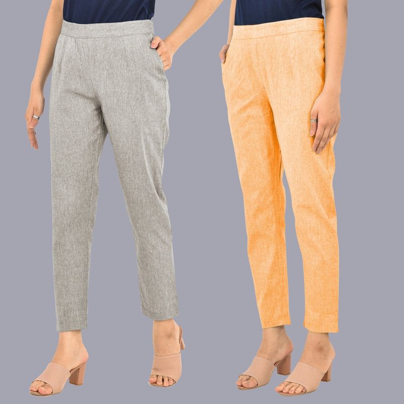 Pack of 2 Women Regular Fit Grey, Orange Pure Cotton Trousers
