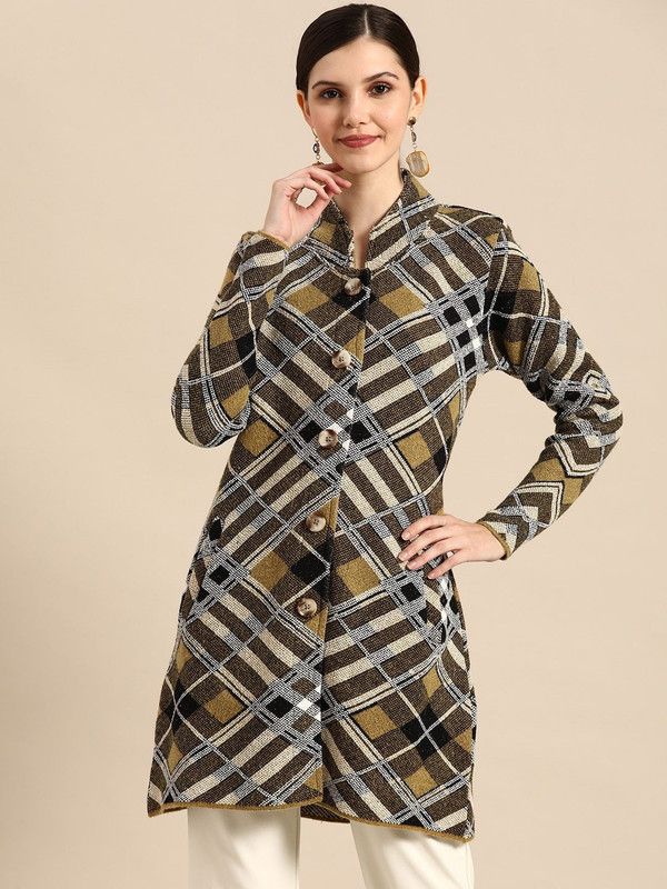 Women Checkered High Neck Brown Sweater