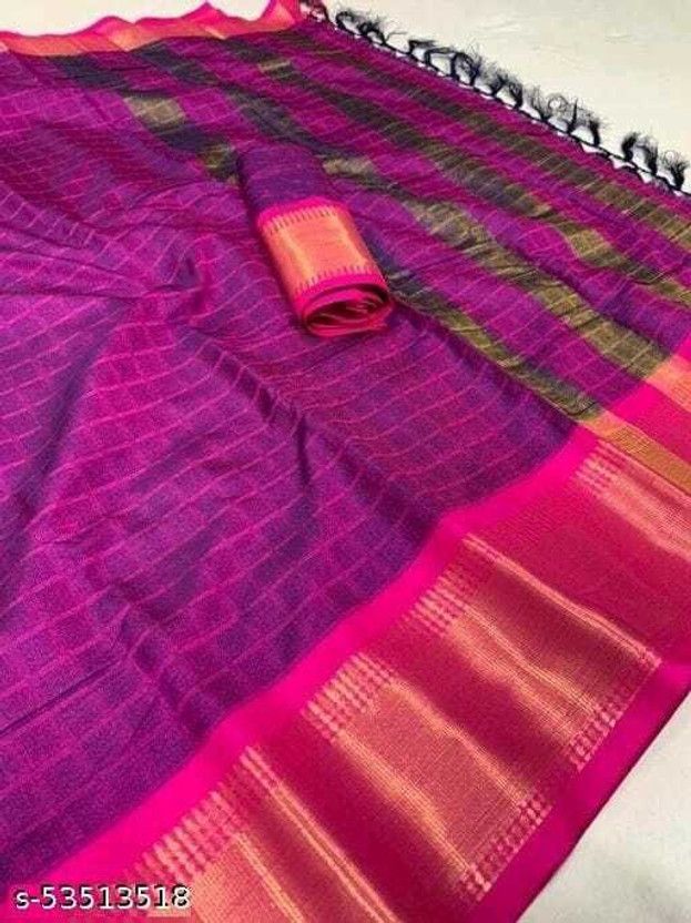 Checkered Assam Silk Art Silk, Cotton Silk Saree  (Purple)