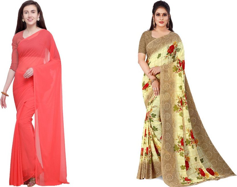 Solid/Plain Bollywood Georgette, Chiffon Saree  (Pack of 2, Multicolor)