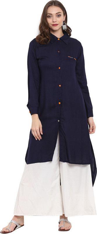 Women Solid Cotton Rayon High Low Kurta  (Dark Blue)