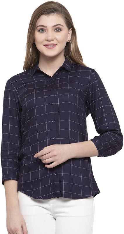 Women Slim Fit Checkered Spread Collar Formal Shirt