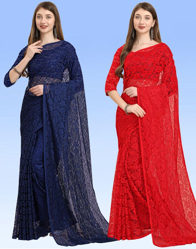 Embellished Bollywood Net, Brasso Saree  (Pack of 2, Dark Blue, Red)