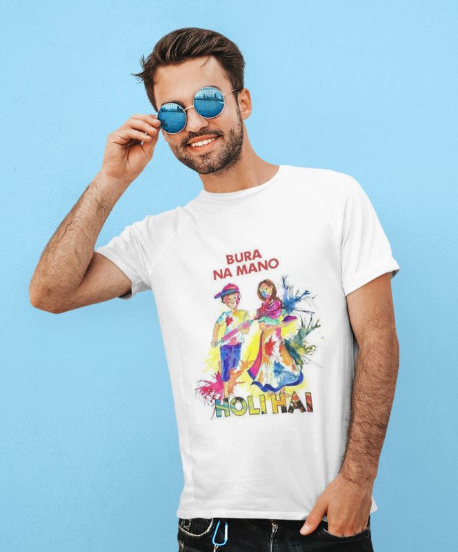 Happy Holi TwentySix Men Printed Round Neck Cotton Blend White T-Shirt