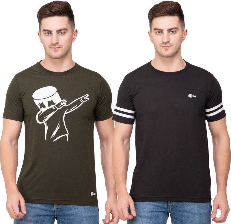 Pack of 2 Men Graphic Print, Solid Round Neck Cotton Blend Green, Black T-Shirt