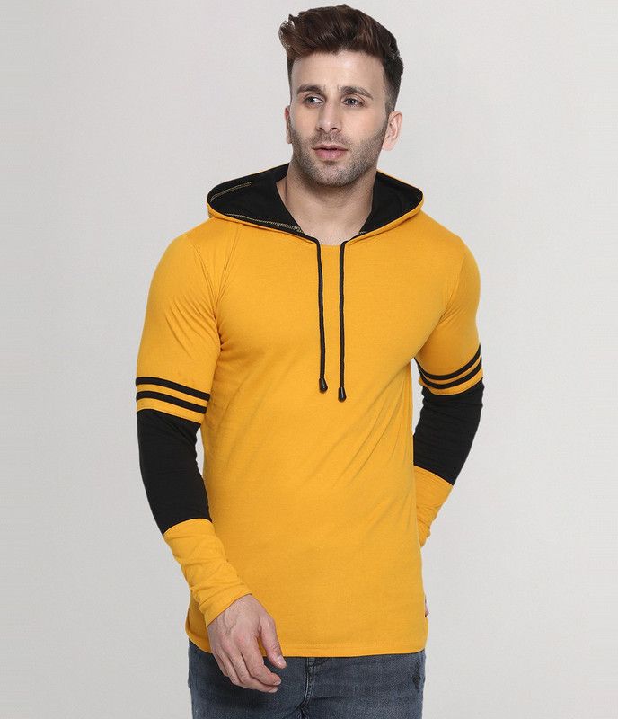 Mustard Black Hooded Tshirt For Men Men Colorblock Hooded Neck Cotton Blend Multicolor T-Shirt