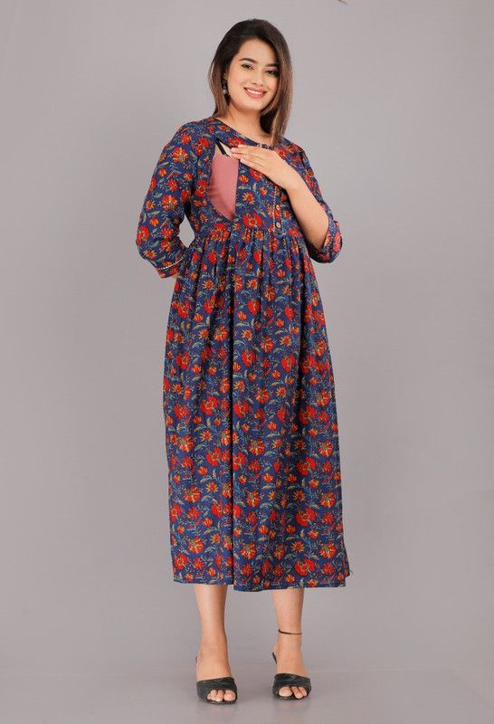 Floral Print Cotton Blend Stitched Flared/A-line Gown  (Blue)