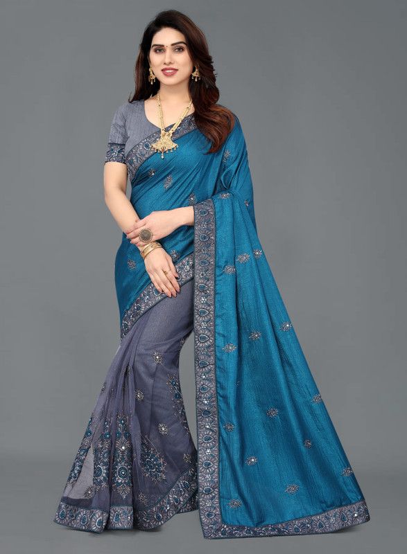 Rajshahi Silk Blend Saree  (Green, Grey)