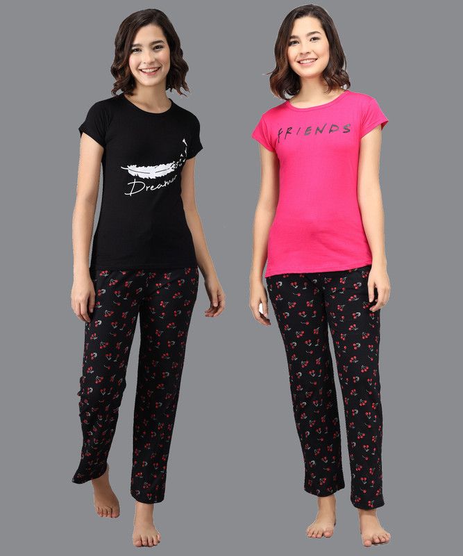 Women Top & Pyjama Set Black, Pink Printed