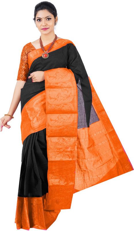 Woven, Applique Madurai Pure Cotton Saree  (Black, Orange)