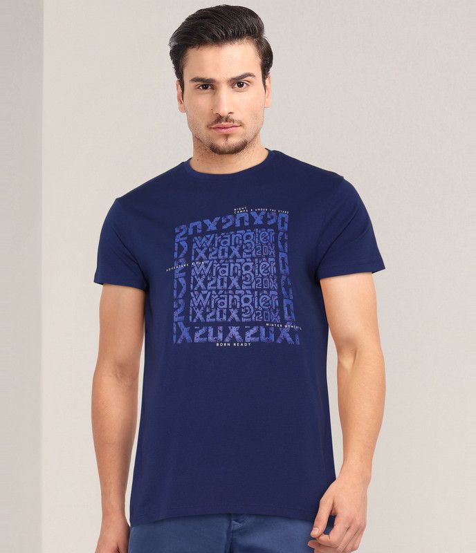 LOGAN Men Printed Round Neck Cotton Blend Blue T-Shirt