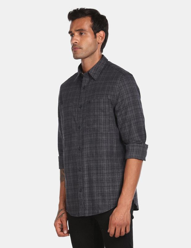 LS DBL PKT SKTCH PLAID Men Slim Fit Checkered Cut Away Collar Casual Shirt