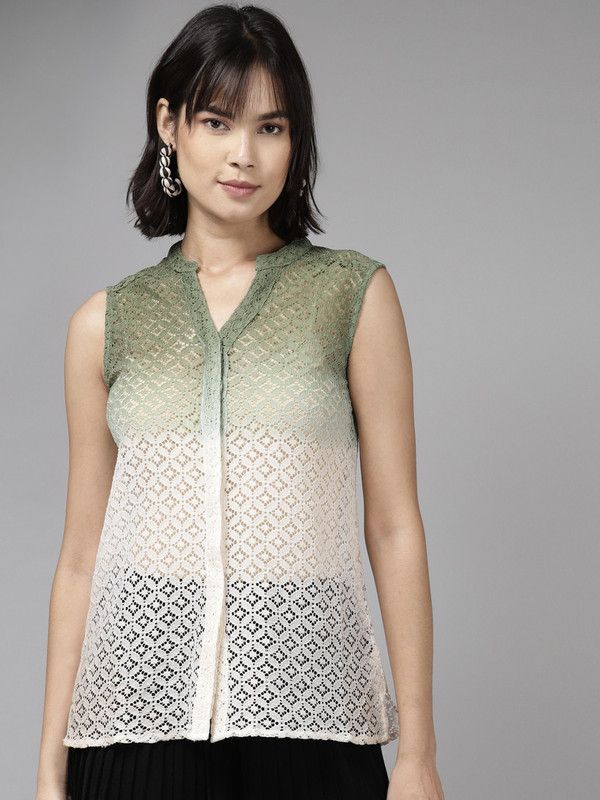 Casual Sleeveless Self Design Women Green, White Top