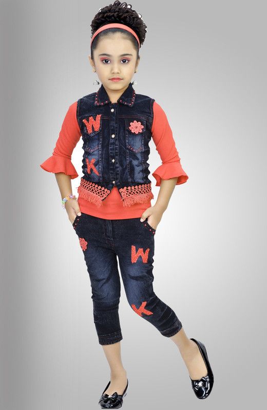 Girls Party(Festive) Top Jeans  (Orange)