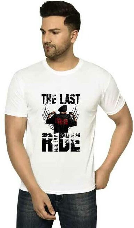 Men Printed, Typography Round Neck Poly Cotton White, Black T-Shirt