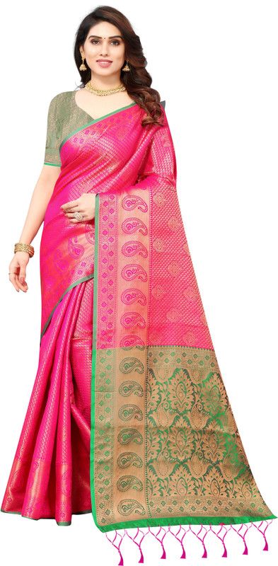 Woven Kanjivaram Pure Silk, Cotton Silk Saree  (Green, Pink)