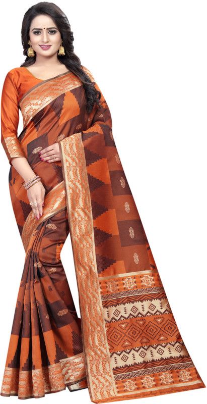 Embellished Baluchari Silk Blend Saree  (Orange)