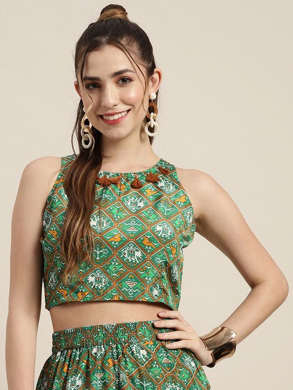 Casual Sleeveless Printed Women Green, Brown Top