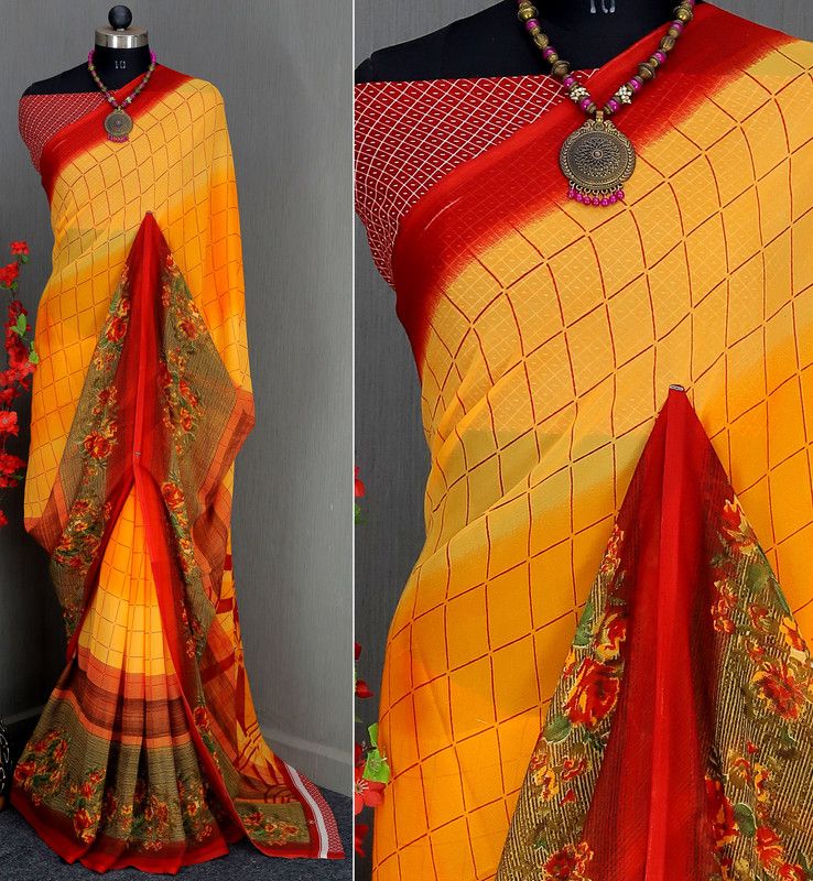Floral Print, Printed Daily Wear Georgette Saree  (Orange)