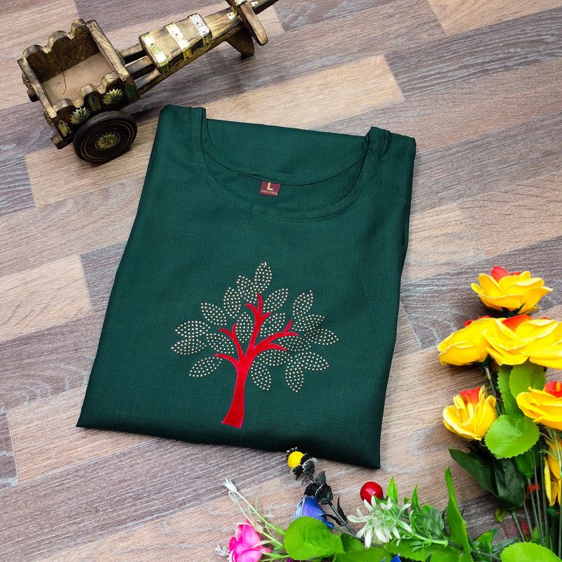 Women Patchwork Cotton Blend Straight Kurta  (Dark Green)