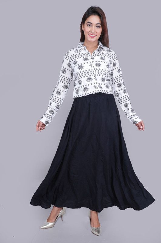 Printed Rayon Blend Stitched Anarkali Gown  (White, Black)