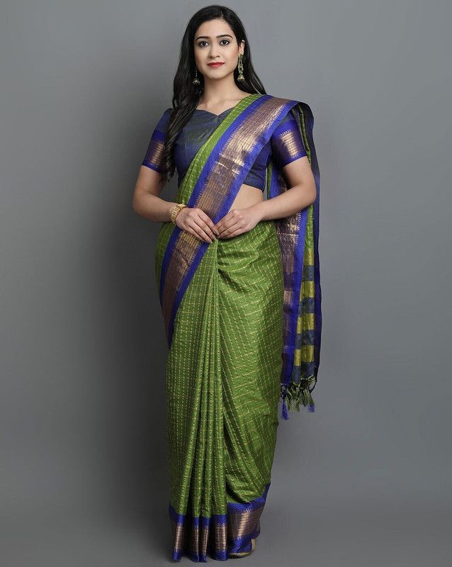 Self Design, Checkered Bollywood Cotton Silk Saree  (Blue)