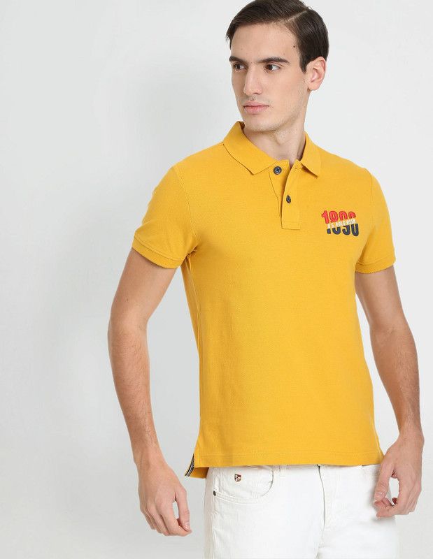Men Typography Polo Neck Pure Cotton Yellow T-Shirt