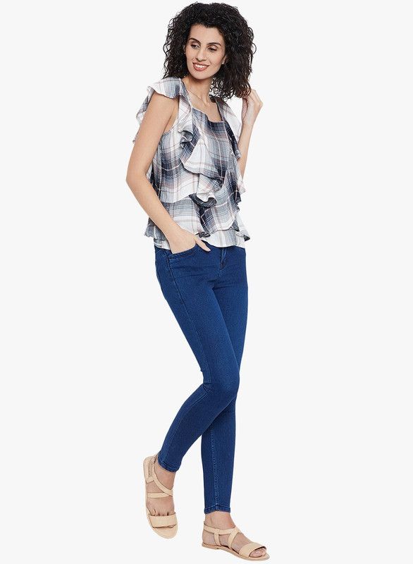 Casual Ruffled Sleeves Checkered Women Grey Top