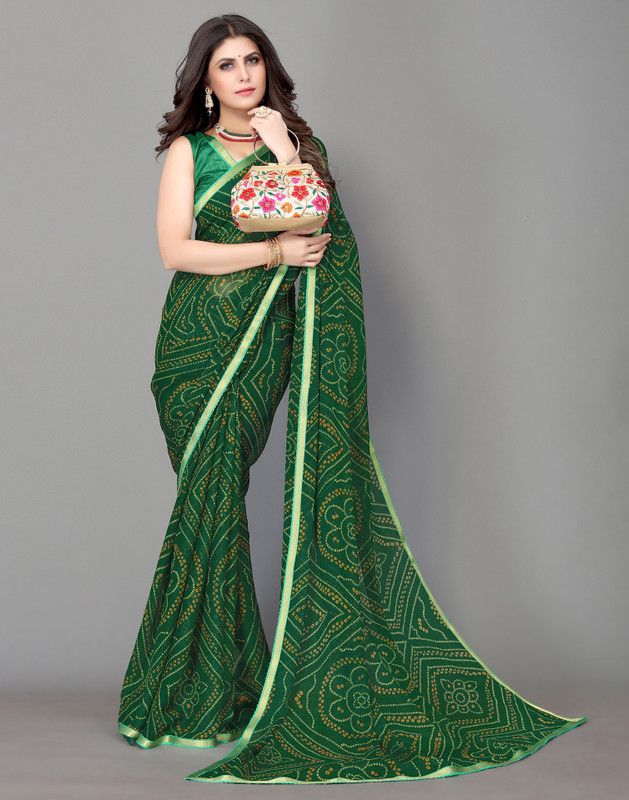 Printed, Geometric Print, Embellished Bandhani Chiffon Saree  (Dark Green, Gold)