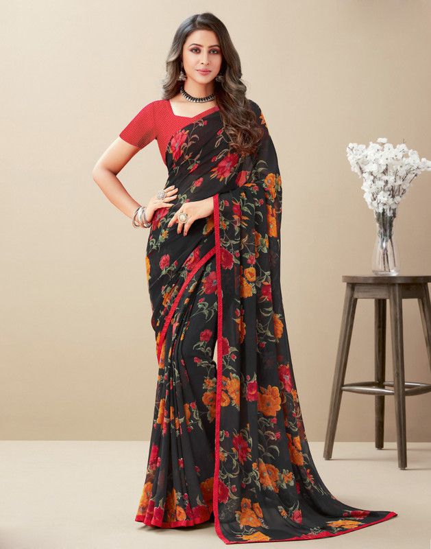 Printed, Embellished, Floral Print Bollywood Georgette Saree  (Black)