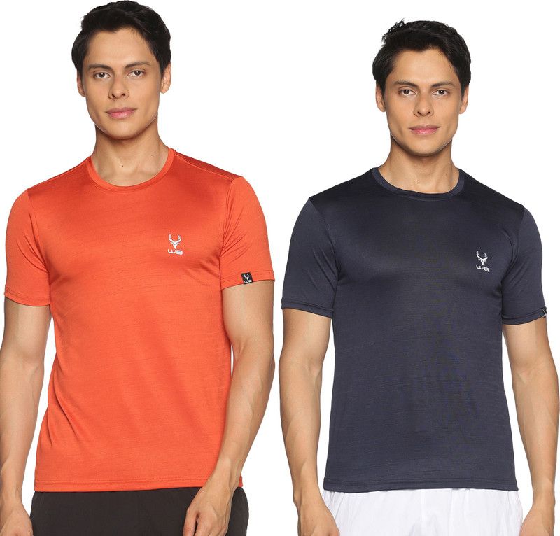 Pack of 2 Men Self Design Round Neck Polyester Blue, Orange T-Shirt