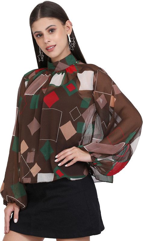 Casual Balloon Sleeve Geometric Print Women Brown Top