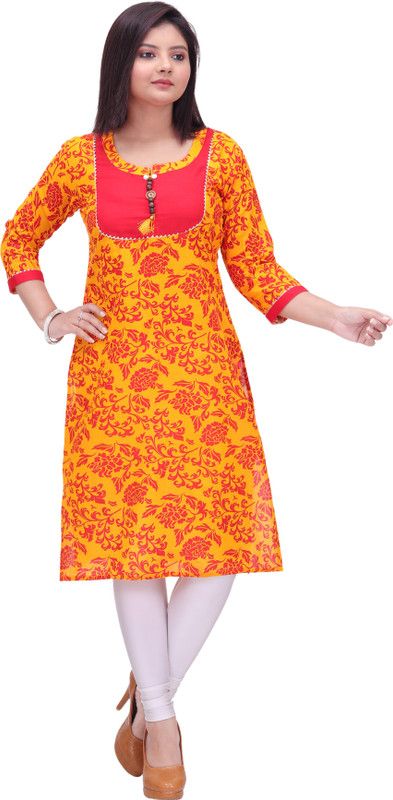 Women Floral Print Pure Cotton Straight Kurta  (Red, Yellow)