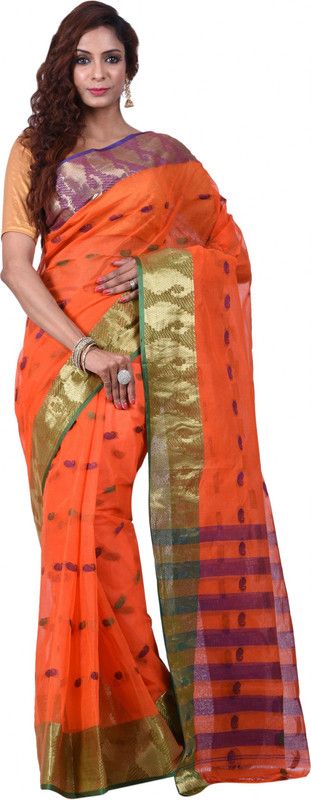 Self Design, Striped Jamdani Pure Cotton Saree  (Orange)