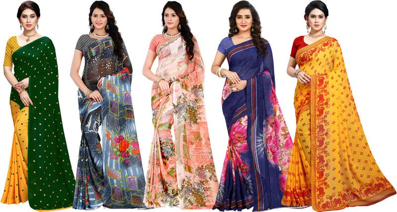 Printed, Graphic Print, Floral Print, Polka Print Daily Wear Georgette Saree  (Pack of 5, Multicolor)