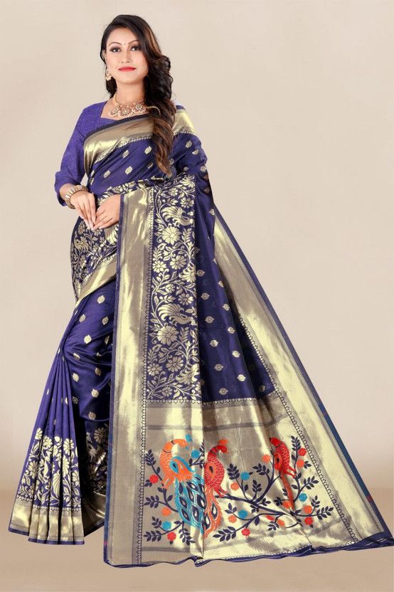 Animal Print Assam Silk Jacquard Saree  (Blue)