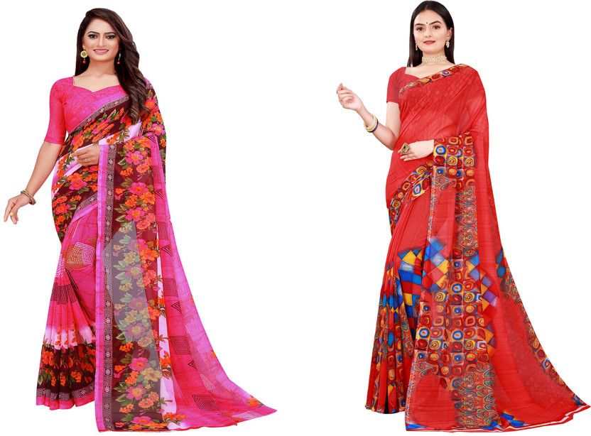 Printed, Floral Print Bollywood Georgette Saree  (Pack of 2, Red, Pink)