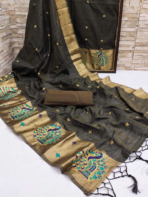 Embroidered Assam Silk Cotton Silk Saree  (Black)
